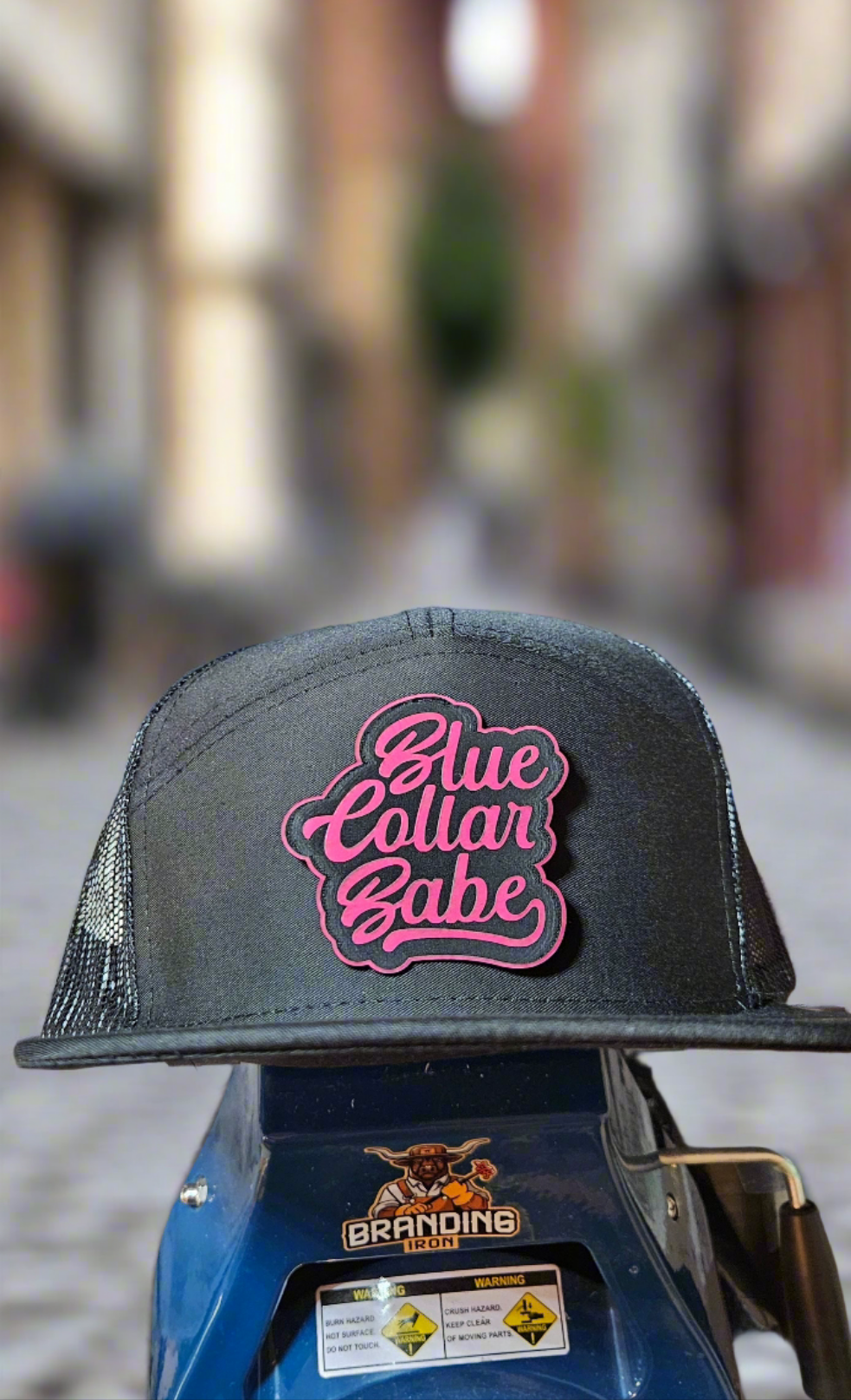 Flat bill trucker hat. Blue collar babe