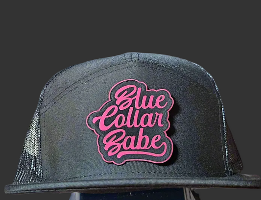Flat bill trucker hat. Blue collar babe