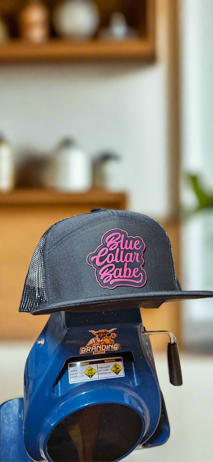 Flat bill trucker hat. Blue collar babe