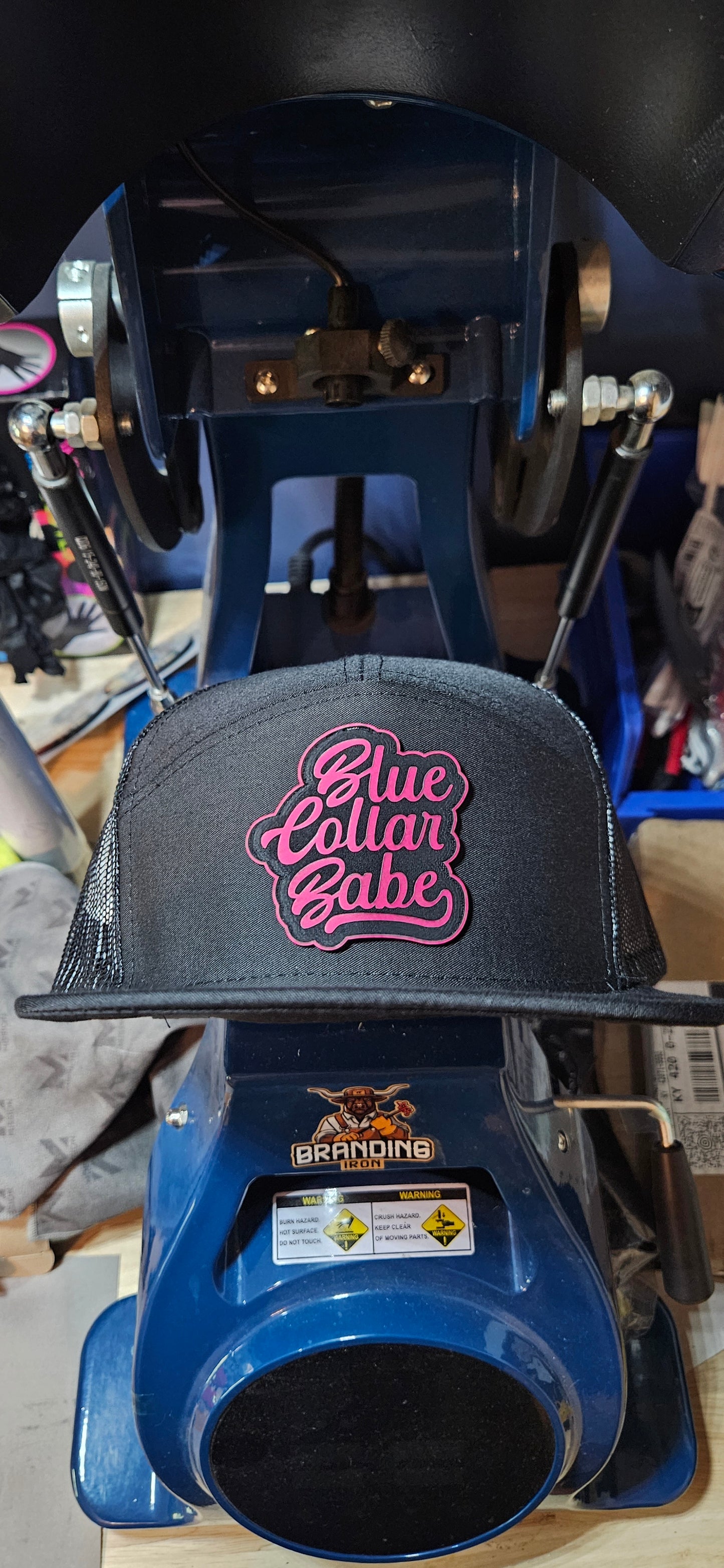 Flat bill trucker hat. Blue collar babe
