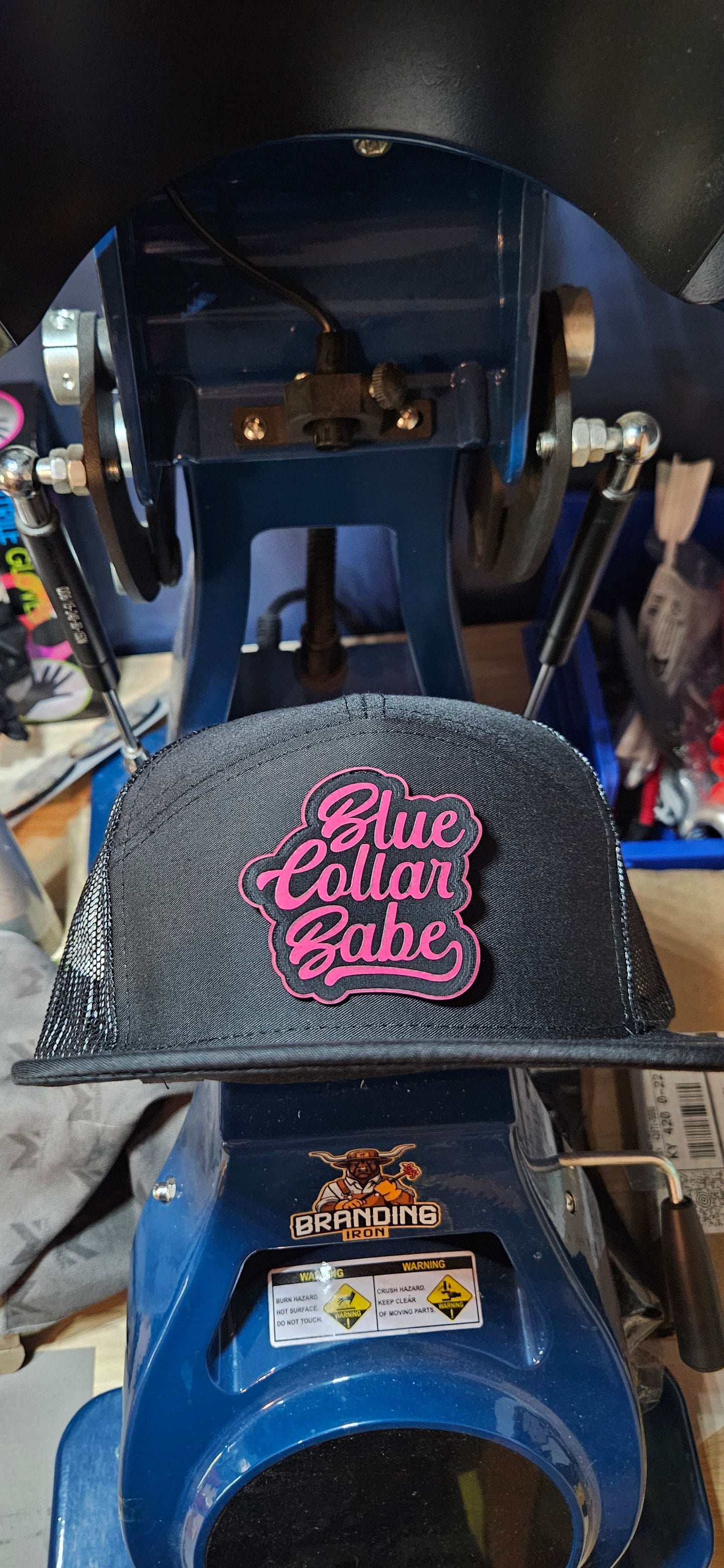 Flat bill trucker hat. Blue collar babe