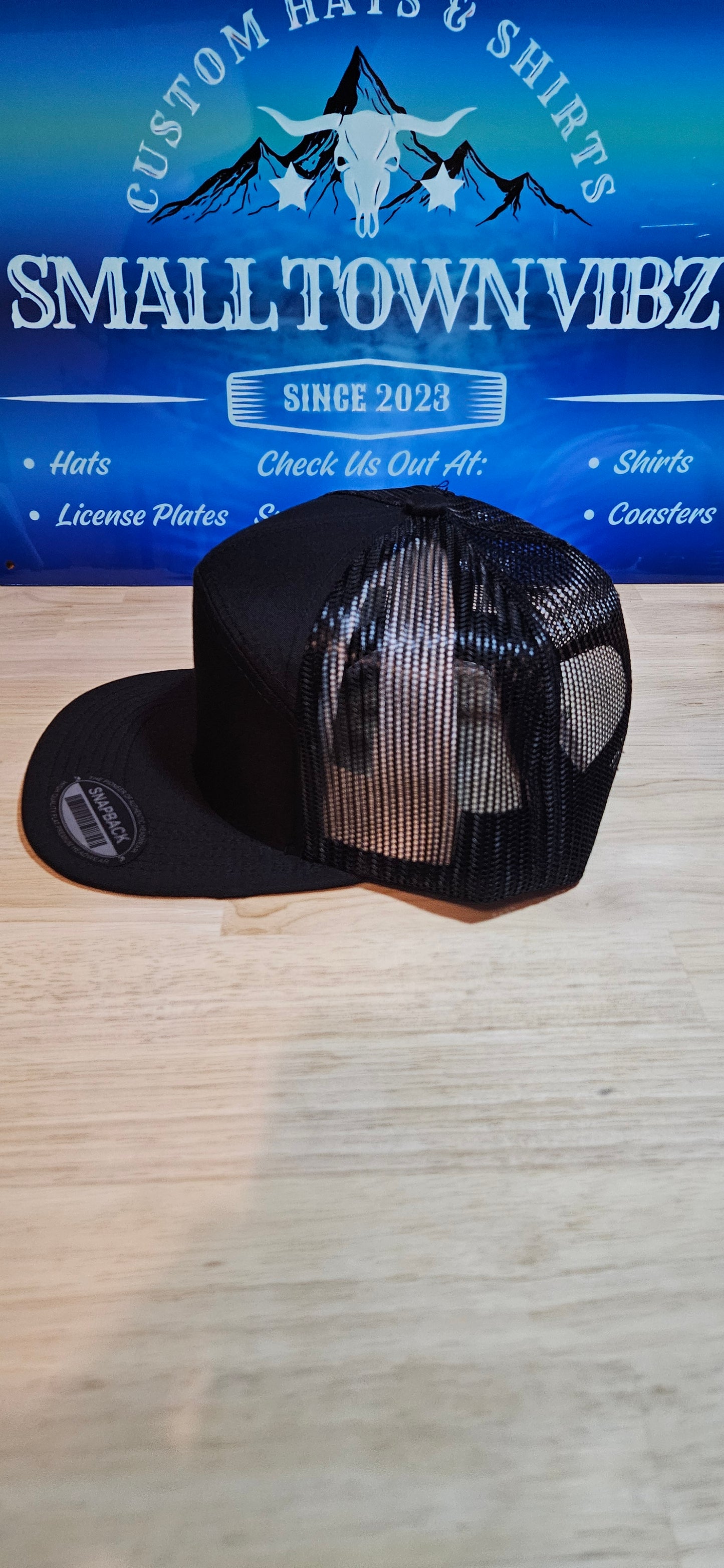 Flat bill trucker hat. Blue collar babe