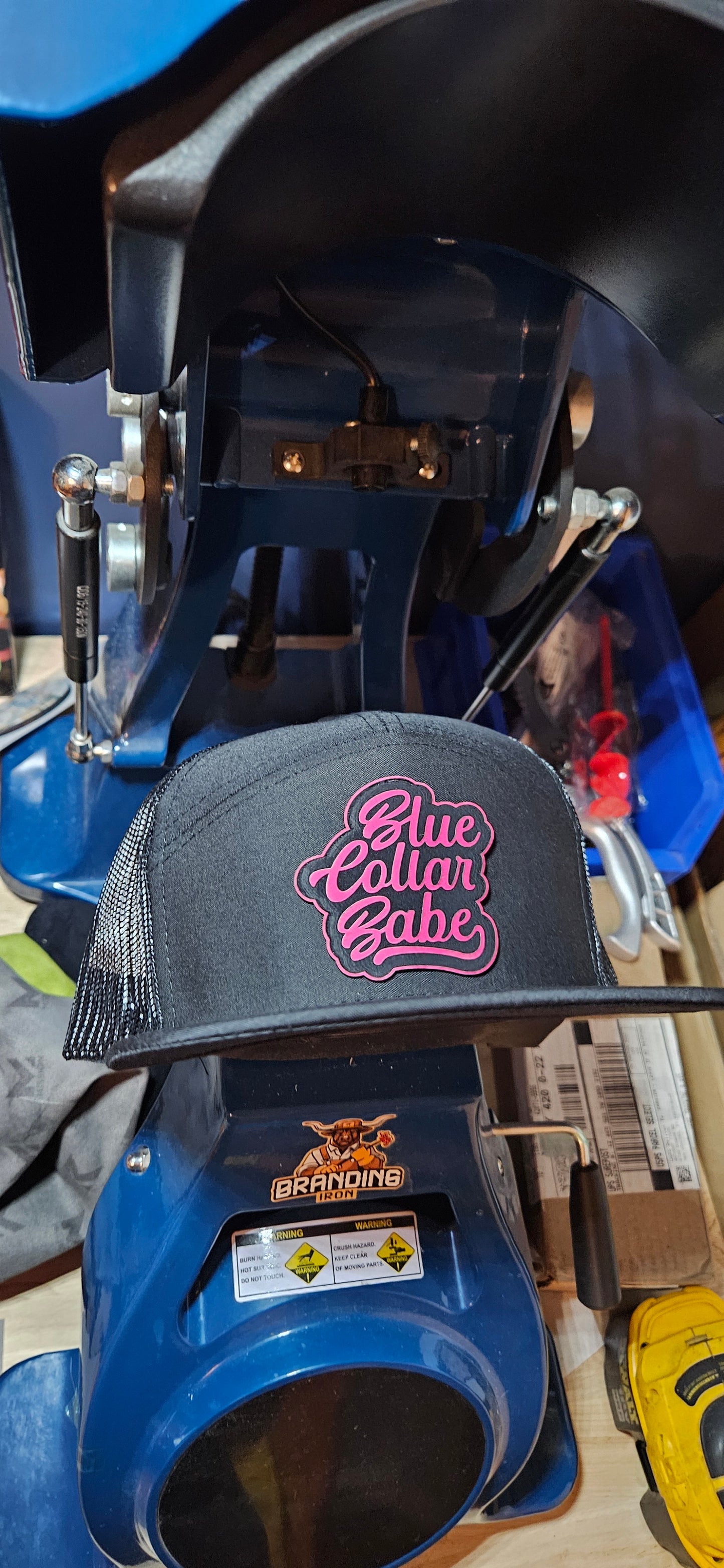 Flat bill trucker hat. Blue collar babe