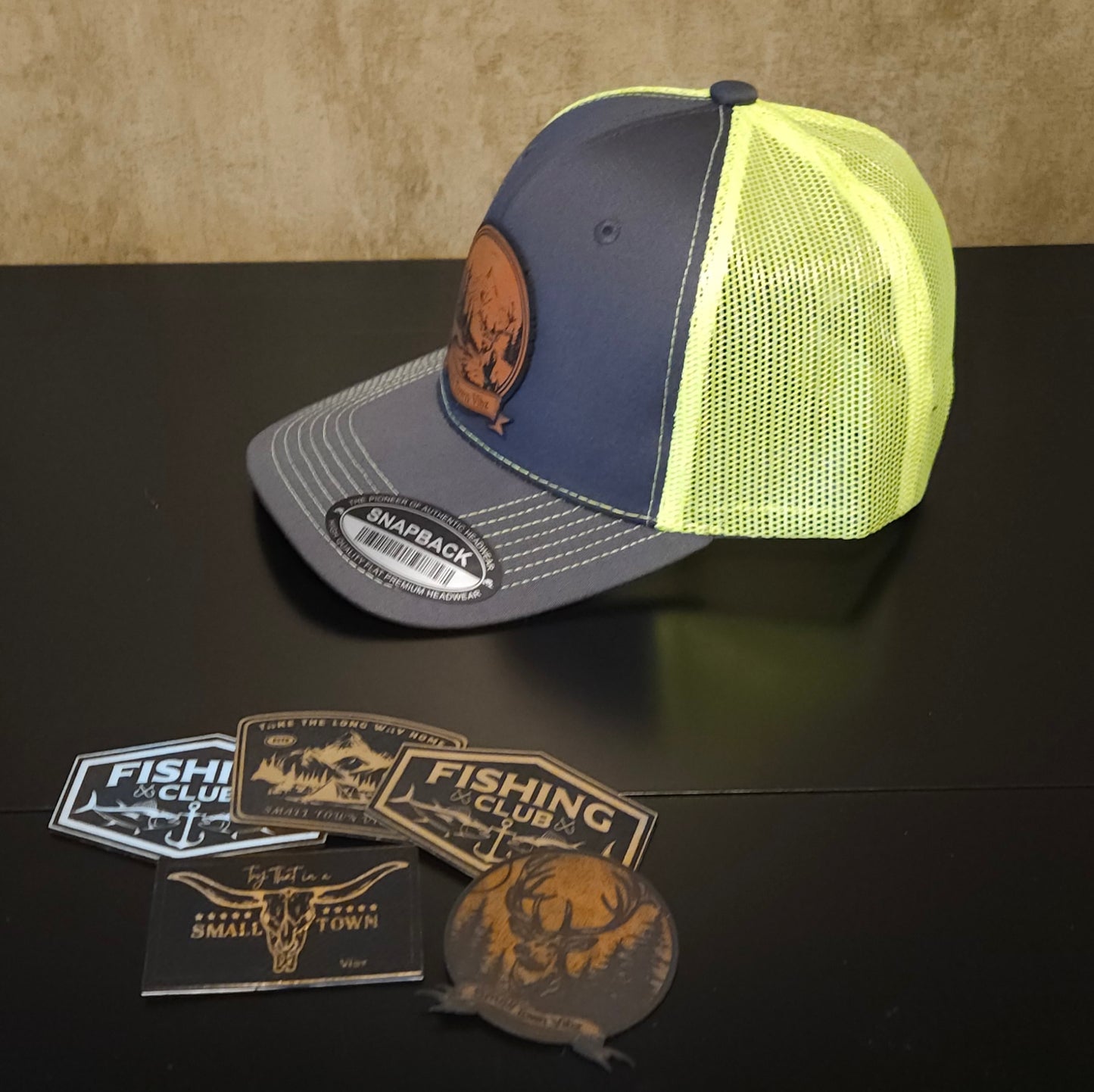 Leather patch trucker hat