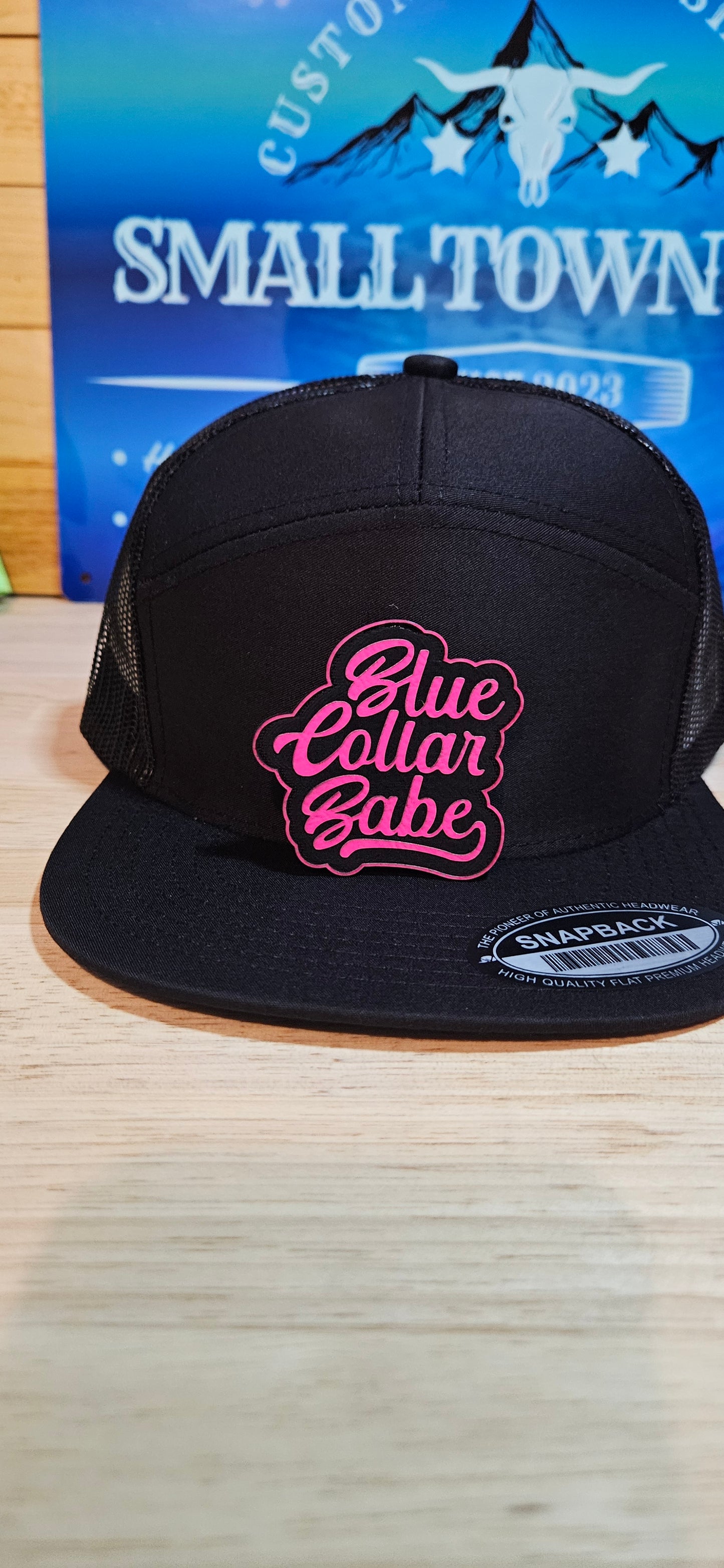 Flat bill trucker hat. Blue collar babe