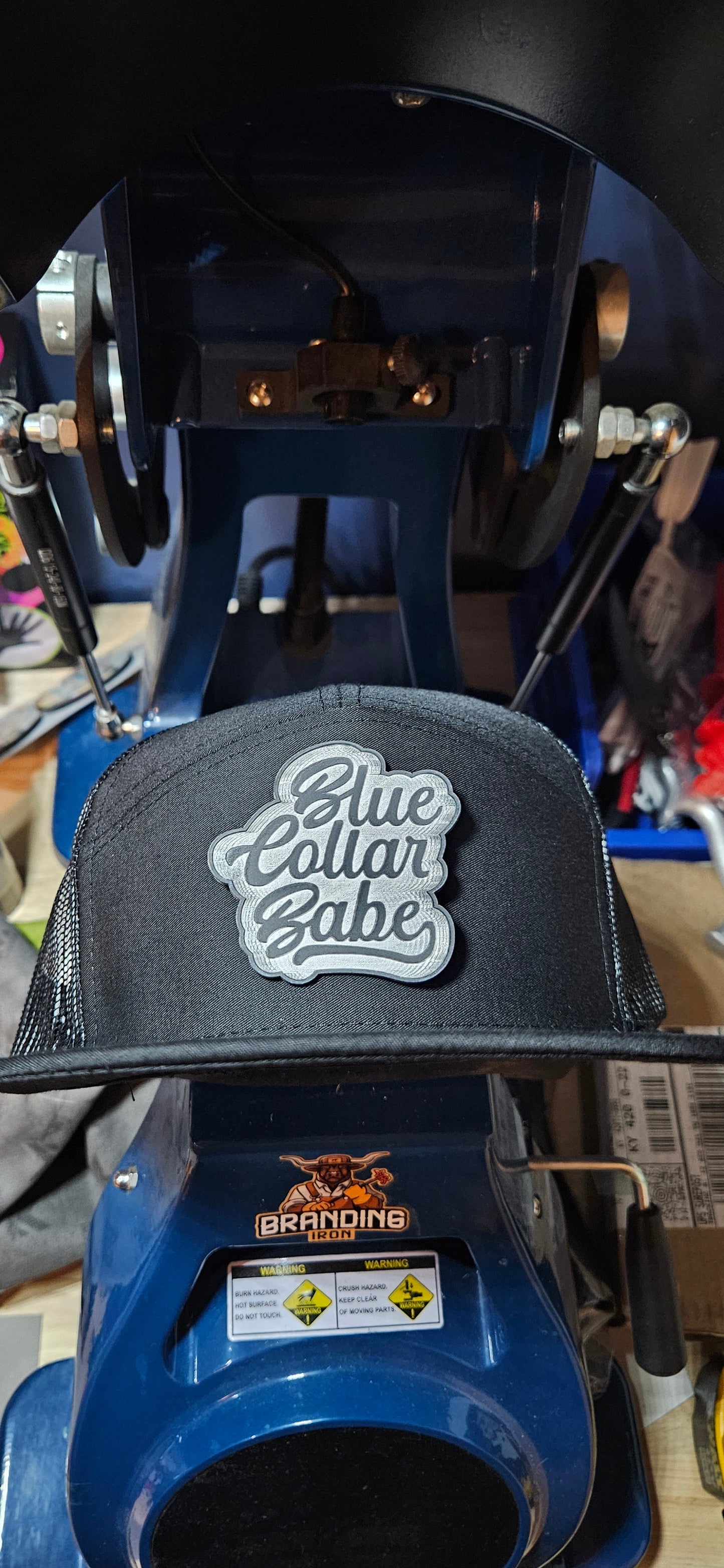Flat bill trucker hat. Blue collar babe