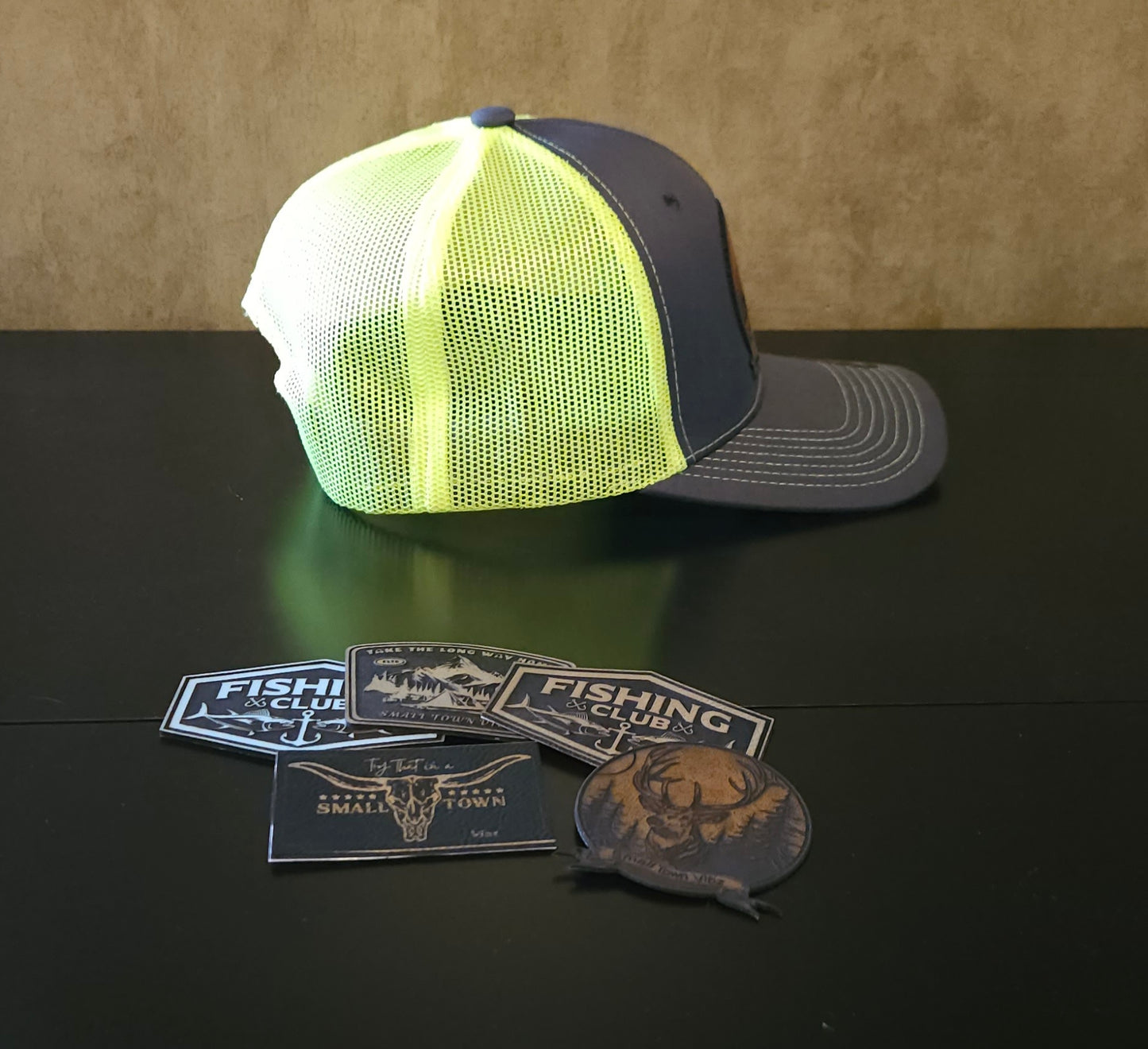 Leather patch trucker hat
