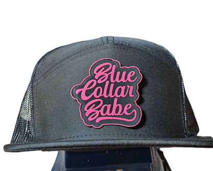 Flat bill trucker hat. Blue collar babe