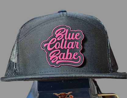 Flat bill trucker hat. Blue collar babe