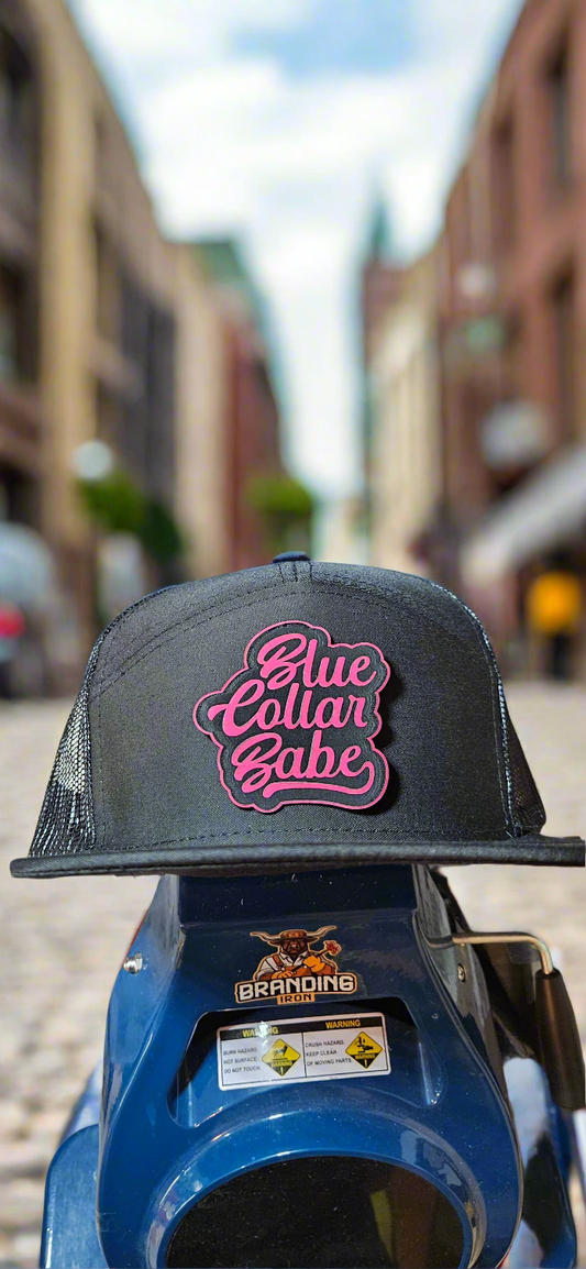 Flat bill trucker hat. Blue collar babe