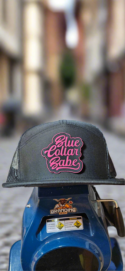 Flat bill trucker hat. Blue collar babe