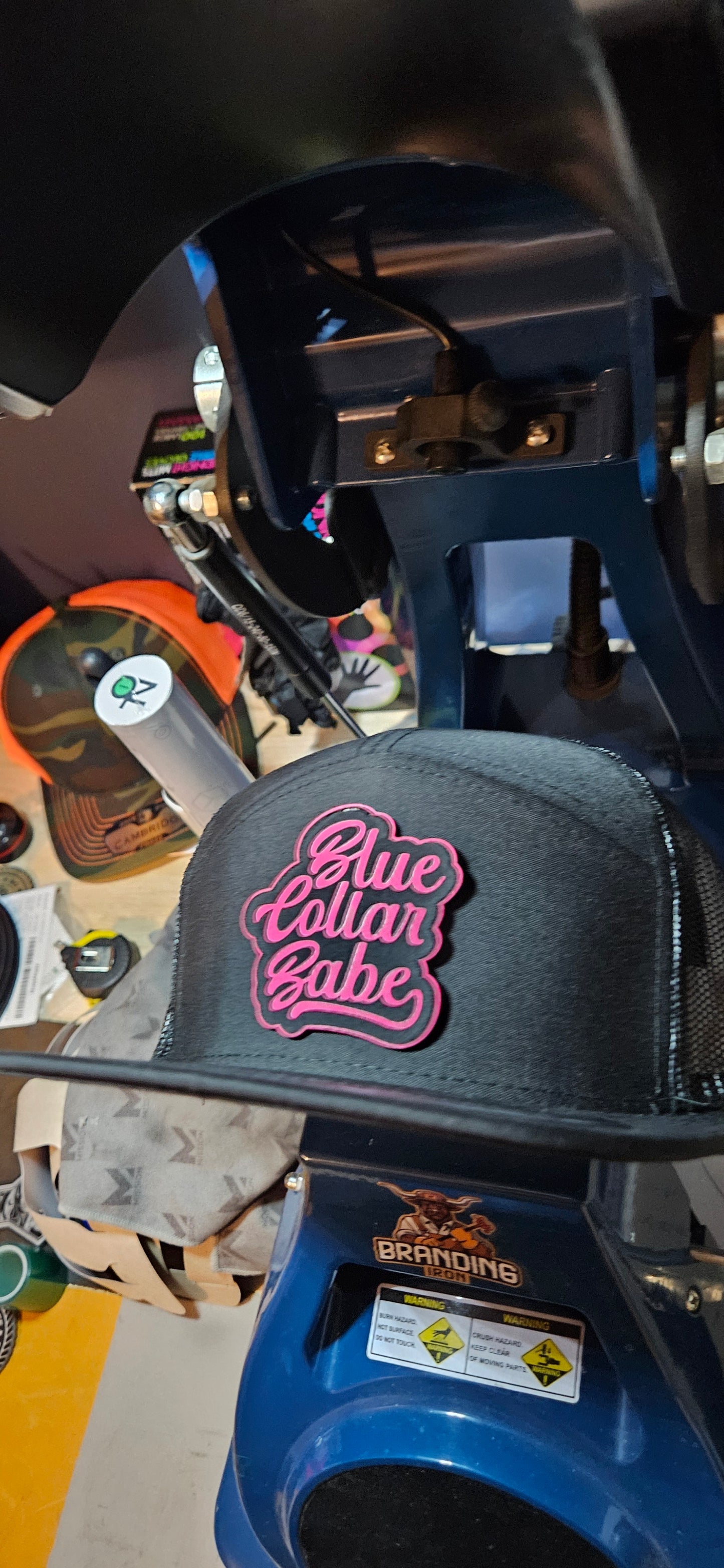 Flat bill trucker hat. Blue collar babe