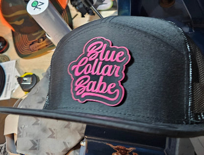 Flat bill trucker hat. Blue collar babe