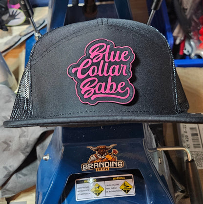 Flat bill trucker hat. Blue collar babe