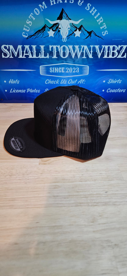 Flat bill trucker hat. Blue collar babe